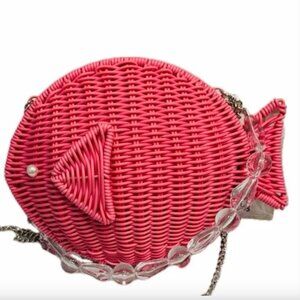 Tommy Bahama Woven Wicker Pink Fish Novelty Crossbody Bag NWT